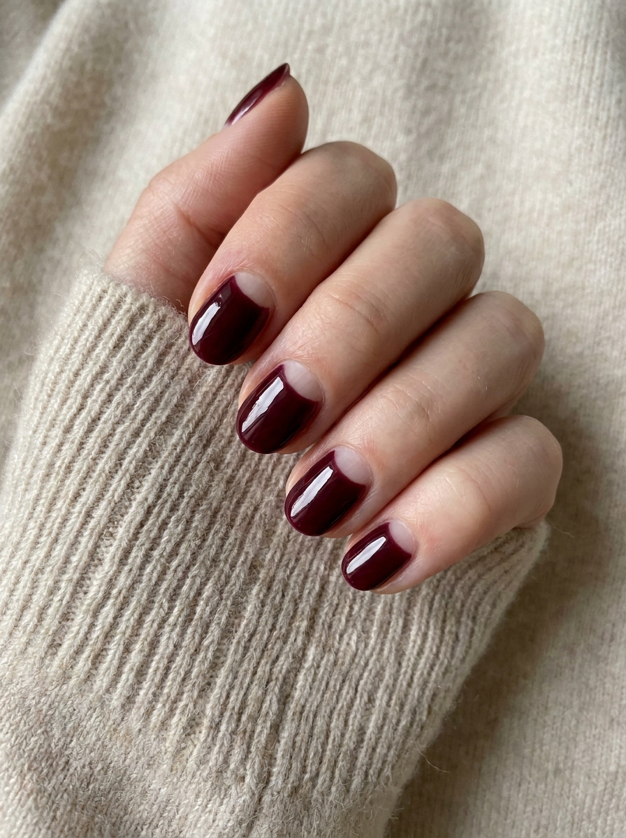Burgundy & Nude Half-Moon Nails als September Nägel kurz Inspiration 2026